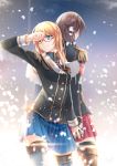  2girls alternate_costume bismarck_(zhan_jian_shao_nyu) blonde_hair blue_eyes blue_skirt brown_hair cherry_blossoms epaulettes flower glasses gloves hair_flower hair_ornament hand_holding hand_to_forehead highres hood_(zhan_jian_shao_nyu) long_hair mizonaki multiple_girls one_eye_closed petals plaid plaid_skirt pleated_skirt red-framed_eyewear red_skirt semi-rimless_glasses short_hair skirt thigh-highs under-rim_glasses yuri zettai_ryouiki zhan_jian_shao_nyu 