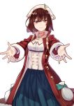  1girl atelier_(series) atelier_sophie blue_dress brown_eyes brown_hair choker coat corset cowboy_shot dress female hat looking_at_viewer outstretched_hand ryuuno6 shirt short_hair smile solo sophie_neuenmuller white_background 