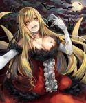  1girl bakemonogatari bare_shoulders bat blonde_hair breasts cleavage dress elbow_gloves fangs full_moon fur_trim gloves hair_ribbon honoo_(j1991713) kiss-shot_acerola-orion_heart-under-blade large_breasts long_hair monogatari_(series) moon pointy_ears ribbon solo strapless strapless_dress vampire very_long_hair white_gloves yellow_eyes 