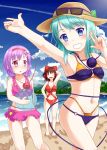  3girls aqua_hair ball beach beachball bikini blue_eyes blue_sky bow brown_hair clouds eyeball hair_bow hair_tubes hairband hakurei_reimu hat hat_ribbon heart heart_of_string komeiji_koishi komeiji_satori lips mountain multiple_girls one-piece_swimsuit pink_eyes pink_hair ribbon sand short_hair siblings sisters sky smile sun_hat swimsuit third_eye touhou tree tsujimoto_nao water 