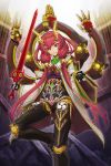  1girl bodysuit chain_chronicle cyborg doll_joints ichiban_renga looking_at_viewer mecha_musume mechanical_arm mitsudomoe_(shape) multiple_arms original red_eyes redhead solo sword tomoe_(symbol) weapon 