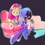 2girls amiami boots cloak copyright_name couch dc_comics green_eyes hood multiple_girls pale_skin pink_hair purple_shoes raven_(dc) sitting starfire teen_titans teen_titans_go! thigh_boots