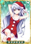  1girl armpits boots bow card_(medium) collarbone dress grisaia_(series) grisaia_no_kajitsu hands_in_hair hat kazami_kazuki long_hair looking_at_viewer red_bow red_dress red_hat santa_boots santa_hat silver_hair solo violet_eyes 