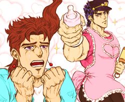  2boys apron araki_hirohiko_(style) baby_bottle blue_eyes bottle clenched_hands crying earrings frown hat heart heart_background jewelry jojo_no_kimyou_na_bouken kakyouin_noriaki kuujou_joutarou male_focus mihosanno multiple_boys open_mouth purple_hair rattle redhead sparkle streaming_tears stud_earrings tears violet_eyes 