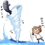  &gt;_&lt; 1girl brown_hair closed_eyes folded_ponytail green_eyes i-class_destroyer inazuma_(kantai_collection) kanikama kantai_collection lowres monster open_mouth pleated_skirt school_uniform serafuku shinkaisei-kan skirt standing standing_on_liquid wavy_mouth 