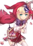  1girl aqua_eyes bangs basket blonde_hair blush cape cowboy_shot flower grimms_notes hair_flower hair_ornament hood little_red_riding_hood little_red_riding_hood_(grimm) short_hair skirt solo staff thigh-highs white_legwear yamai_fake 