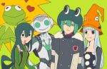  2girls 3boys alternate_costume animal_connection animal_costume asui_tsuyu black_hair blue_hair boku_no_hero_academia breasts eruka_frog fran_(reborn) frog frog_costume frog_eyes frog_girl green_eyes hat headphones heart hu_(saimens) katekyo_hitman_reborn kermit_the_frog long_hair looking_at_viewer lucio_(overwatch) multiple_boys multiple_girls muppets overwatch short_hair soul_eater the_muppet_show tongue tongue_out trait_connection 