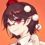  1girl ainy77 bespectacled black_hair blush collared_shirt face glasses hat holding holding_pen looking_at_viewer lowres orange_background over-rim_glasses pen pointy_ears pom_pom_(clothes) portrait red-framed_eyewear red_eyes semi-rimless_glasses shameimaru_aya shirt short_hair smile solo tokin_hat touhou white_shirt 
