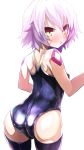  1girl ass assassin_of_black back black_legwear blush competition_school_swimsuit erect_nipples fate/apocrypha fate/grand_order fate_(series) looking_at_viewer looking_back one-piece_swimsuit purple_hair scar shimeji_nameko short_hair simple_background slit_pupils solo swimsuit thigh-highs white_background yellow_eyes 