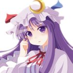  1girl crescent crescent_hair_ornament hair_ornament hat kinagi_yuu lipstick long_hair makeup mob_cap open_mouth patchouli_knowledge purple_hair solo touhou upper_body violet_eyes 
