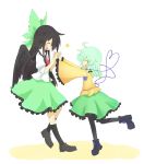  2girls black_hair black_legwear blush bow frills green_hair hair_bow happy highres komeiji_koishi long_hair multiple_girls open_mouth rakucat reiuji_utsuho skirt smile star thigh-highs third_eye touhou wings 