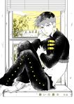  1boy cover cover_page crop_top doujin_cover earrings hand_on_own_chin highres house jewelry jojo_no_kimyou_na_bouken kishibe_rohan lipstick makeup male_focus midriff monochrome nail_polish navel oikawa sitting solo spot_color transmission_tower tree window windowsill yellow_lipstick yellow_nails yellow_sky 