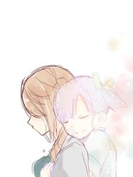  2girls blonde_hair closed_eyes female hair_bun hug hug_from_behind kantai_collection michishio_(kantai_collection) multiple_girls no_hat ooshio_(kantai_collection) purple_hair rinto_(rint_rnt) school_uniform short_hair short_sleeves short_twintails smile tears transparent twintails uniform white_background 