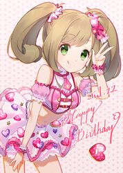  1girl :q bare_shoulders dated detached_sleeves green_eyes hair_ornament happy_birthday heart heart_hair_ornament idolmaster idolmaster_cinderella_girls kurochiroko light_brown_hair long_hair midriff miniskirt navel pink_skirt puffy_short_sleeves puffy_sleeves satou_shin short_sleeves skirt smile solo tongue tongue_out twintails wristband 