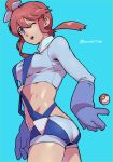  10s 1girl ass blue_eyes breasts fuuro_(pokemon) gloves gym_leader hair_ornament katsuoboshi large_breasts long_hair midriff one_eye_closed open_mouth poke_ball pokemon pokemon_(game) pokemon_bw redhead shorts smile solo twitter_username 