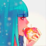  1girl apple bangs blue_eyes blue_hair blunt_bangs close-up eyelashes food from_side girl_(anime_expo) kami-sama_(girl) looking_away open_mouth persona92 profile simple_background solo star tongue white_background 