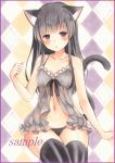  1girl animal_ears babydoll bare_arms bare_shoulders black_eyes black_hair black_legwear black_panties blush collarbone commentary_request female kemonomimi_mode lingerie long_hair looking_at_viewer navel nightgown original panties potto_(minntochan) sample see-through see-through_silhouette sitting solo tail thigh-highs underwear violet_eyes 