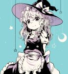  1girl apron arms_behind_back blush bow braid buttons closed_mouth crescent hair_bow hat hat_bow highres kirisame_marisa long_hair monochrome puffy_sleeves pyonsuke_(pyon2_mfg) single_braid skirt smile solo star touhou vest witch_hat 