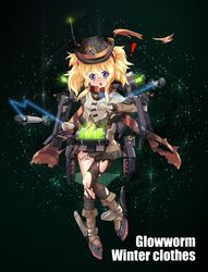  ! &gt;:o 1girl :o alternate_costume black_bow blonde_hair blue_eyes blush boots bow bowler_hat brown_boots brown_coat buttons cannon capelet character_name coat damaged depth_charge emblem english eyebrows eyebrows_visible_through_hair fur_trim glowing glowworm_(zhan_jian_shao_nyu) green_background hair_between_eyes hat highres looking_at_viewer machinery mittens official_art open_mouth orange_ribbon pocket propeller ribbon scarf scrunchie sirills solo standing standing_on_one_leg steam striped striped_legwear striped_scarf symbol-shaped_pupils text torn_clothes torpedo turret twintails zhan_jian_shao_nyu 