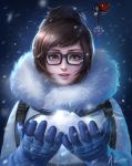  1girl artist_name bangs beads black-framed_eyewear blue_gloves brown_eyes brown_hair coat eyelashes fur-lined_jacket fur_coat fur_trim glasses gloves hair_bun hair_ornament hair_stick hands_up highres lips lipstick looking_at_viewer makeup mei_(overwatch) mvalentinus nose open_mouth overwatch parted_bangs pink_lips short_hair sidelocks signature smile snow snowflake_hair_ornament snowing solo swept_bangs upper_body winter_clothes winter_coat xiaoguimist 
