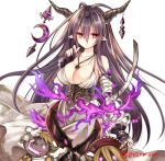  1girl antenna_hair bandaged_arm bare_shoulders black_gloves black_hair blush breasts cleavage collarbone cowboy_shot crescent danua doraf dress fingerless_gloves gloves granblue_fantasy gretel_(granblue_fantasy) hair_between_eyes hansel_(granblue_fantasy) horn_ornament jewelry large_breasts long_hair looking_at_viewer necklace nozomi_fuuten pink_eyes pointy_ears solo stuffed_toy twitter_username underbust white_dress 