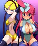  10s 2girls ass blonde_hair blue_eyes blush breasts dark_skin fuuro_(pokemon) gym_leader hair_ornament harubato kamitsure_(pokemon) large_breasts long_hair multiple_girls navel open_mouth pokemon pokemon_(game) pokemon_bw redhead smile swimsuit 