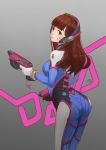  1girl arched_back armor artist_name ass bangs blunt_bangs bodysuit bracer breasts brown_eyes brown_hair character_name charm_(object) cicely cowboy_shot d.va_(overwatch) dual_wielding facepaint facial_mark from_behind gloves gradient gradient_background gun hand_up handgun headphones high_collar holding holding_gun holding_weapon lips long_hair looking_at_viewer looking_back medium_breasts overwatch parted_lips pauldrons pilot_suit pink_lips ribbed_bodysuit shoulder_pads signature smile solo thigh_strap turtleneck weapon whisker_markings white_gloves 