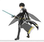  1boy black_eyes black_hair dual_persona holding holding_sword holding_weapon kirito kirito_(sao-alo) looking_at_viewer pointy_ears short_hair simple_background solo sword sword_art_online sword_art_online:_code_register watermark weapon white_background wings 