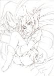  2girls arm_belt artist_request boots cloak coat dress fine_(symphogear) greyscale hair_ribbon hime_cut hood hooded_cloak jewelry legs_grab legs_up long_hair looking_at_viewer monochrome multiple_girls necklace no_eyes pleated_dress ribbon scarf senki_zesshou_symphogear sketch source_request spoilers tied_hair tsukuyomi_shirabe twintails white_background winter_clothes winter_coat 
