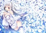  1girl boots breasts bubble cleavage emilia_(re:zero) flower hair_flower hair_ornament long_hair looking_at_viewer open_mouth pointy_ears re:zero_kara_hajimeru_isekai_seikatsu ryo silver_hair solo thigh-highs thigh_boots violet_eyes 