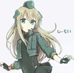  1girl alternate_eye_color aqua_eyes aqua_nails blonde_hair blue_eyes buttons character_name cropped_jacket fingerless_gloves fingernails garrison_cap gloves hat headphones headset kantai_collection long_hair long_sleeves looking_at_viewer microphone military military_uniform nail_polish nonono_(mino) solo swimsuit swimsuit_under_clothes u-511_(kantai_collection) uniform 