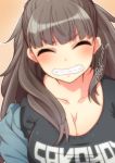  1girl breasts brown_hair cleavage clenched_teeth closed_eyes eyebrows idolmaster idolmaster_cinderella_girls jacket kamiya_nao large_breasts off_shoulder shirukuma solo teeth thick_eyebrows 