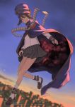  00s 1girl :/ belt blurry boogiepop boogiepop_(character) brown_eyes brown_hair brown_shoes building cape chains closed_mouth depth_of_field dutch_angle full_body grey_skirt hat kneehighs leg_up loafers long_sleeves naro0427 outdoors pleated_skirt school_uniform shoes short_hair skirt sky solo white_legwear yin_yang 
