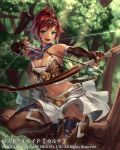  1girl bare_shoulders boots bow_(weapon) breasts cleavage elbow_gloves fingerless_gloves gloves green_eyes grin hairband kerchief large_breasts lost_crusade mismi navel official_art open_mouth redhead short_hair smile solo squatting thigh-highs thigh_boots tree weapon 