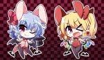  &gt;_o 2girls ;) ;d akaneya animal_ears bat bat_wings bunny_girl bunnysuit checkered checkered_background chibi fang flandre_scarlet hat leg_lift looking_at_viewer multiple_girls one_eye_closed open_mouth rabbit_ears remilia_scarlet siblings sisters smile touhou tray wings 