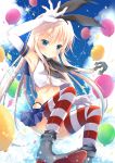  1girl anchor_hair_ornament armpits balloon blonde_hair blue_skirt blue_sky blush clouds elbow_gloves gloves green_eyes hair_ornament hairband highres kantai_collection long_hair looking_at_viewer maya_(tirolpop) shimakaze_(kantai_collection) skirt sky smile solo striped striped_legwear thigh-highs white_gloves 