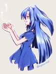  1girl ayaori_yanka bangs black_eyes blue_dress blue_hair blue_shirt dress eyebrows eyebrows_visible_through_hair feathers kazanari_tsubasa long_hair open_mouth parted_bangs senki_zesshou_symphogear shirt short_sleeves side_ponytail signature simple_background smile solo very_long_hair 