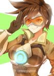  1girl bangs bodysuit bomber_jacket breasts brown_eyes brown_gloves brown_hair brown_jacket collarbone copyright_name dated enjelicious fur_trim gloves goggles hand_up harness highres jacket large_breasts leather leather_jacket looking_at_viewer overwatch salute short_hair smile solo spiky_hair tracer_(overwatch) upper_body vambraces watermark web_address 
