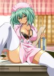  00s 1girl breasts green_eyes green_hair hat holding ikkitousen indoors large_breasts legs_apart looking_at_viewer notepad nurse nurse_cap on_table ryofu_housen shiny shiny_skin sitting smile solo stethoscope table thigh-highs twintails unbuttoned unbuttoned_shirt white_legwear 