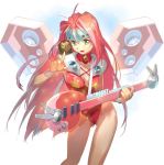  1girl 90s alien bare_legs bass_guitar breasts collar forehead_protector green_eyes guvava holy_pumpkin instrument leotard logo long_hair macross macross_7 mylene_jenius one_eye_closed pet pink_hair shoulder_pads small_breasts sparkle speaker wristband 