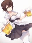  1girl alcohol apron bangs beer black_dress breasts closed_mouth cowboy_shot cup dirndl dress dutch_angle frills froth garter_straps german_clothes girls_und_panzer highres holding lace lace-trimmed_thighhighs light_smile looking_at_viewer medium_breasts mug nishizumi_maho puffy_short_sleeves puffy_sleeves short_dress short_hair short_sleeves solo standing thigh-highs underbust white_background white_legwear yamaori 