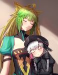  2girls ahoge animal_ears archer_of_red blonde_hair braid breasts cat_ears dress fate/apocrypha fate/extra fate_(series) gradient_hair green_eyes green_hair hat long_hair multicolored_hair multiple_girls nursery_rhyme_(fate/extra) ribbon shijiu_(adamhutt) sleeping twin_braids two-tone_hair white_hair 