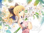  1girl ahoge artoria_pendragon_(all) bare_shoulders blonde_hair bow character_name detached_sleeves dress ells fate/grand_order fate/stay_night fate/unlimited_codes fate_(series) flower flower_request from_side gloves green_eyes hair_bow hair_ribbon lily_(flower) looking_at_viewer pink_dress ponytail ribbon saber saber_lily solo upper_body white_flower white_gloves 
