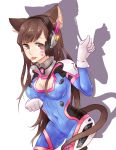 1girl animal_ears armor artist_name bangs bodysuit breasts brown_eyes brown_hair cat_ears cat_tail cleavage cleavage_cutout covered_navel cowboy_shot d.va_(overwatch) eyebrows eyebrows_visible_through_hair facepaint facial_mark gloves groin hands_up headphones high_collar highres kemonomimi_mode large_breasts long_hair looking_at_viewer overwatch pauldrons paw_pose pilot_suit ribbed_bodysuit shadow shoulder_pads simple_background solo tail thigh_strap tongue tongue_out turtleneck whisker_markings white_background white_gloves 