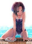  1girl arm_support barefoot black_hair breasts competition_school_swimsuit highres kobayakawa_rinko love_plus makokujira one-piece_swimsuit open_mouth partially_submerged pool poolside school_swimsuit short_hair small_breasts solo swim_cap swim_cap_removed swimsuit water wet 