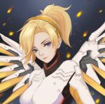  1girl artist_name bangs blonde_hair blue_eyes bodysuit breasts cicely closed_mouth emblem headwear high_collar large_breasts looking_at_viewer mechanical_halo mechanical_wings mercy_(overwatch) overwatch parted_bangs pink_lips ponytail signature solo spread_wings turtleneck upper_body wings 