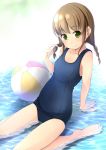  1girl arm_support ball barefoot beachball braid brown_hair green_eyes leaning_back long_hair old_school_swimsuit one-piece_swimsuit original school_swimsuit shibacha_(shibacha_0728) sitting smile solo swimsuit twin_braids water 