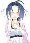  1girl adjusting_hair ahoge bangs blue_hair blush closed_eyes idolmaster long_sleeves miura_azusa miyao_ryuu open_mouth parted_bangs short_hair sketch solo tearing_up translation_request upper_body 