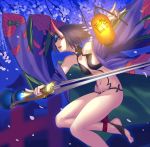  1girl :d \n/ ankle_ribbon bangs bare_shoulders barefoot barefoot_sandals black_hair breasts collarbone fate/grand_order fate_(series) feet flower from_side gem glint hair_ornament holding holding_sword holding_weapon horns japanese_clothes jewelry kimono lantern lens_flare looking_at_viewer md5_mismatch navel night off_shoulder oni oni_horns open_clothes open_kimono open_mouth paper_lantern petals pinky_out profile purple_hair revealing_clothes ribbon short_hair shuten_douji_(fate/grand_order) small_breasts smile solo stomach sword toeless_socks tsukikanade violet_eyes weapon 