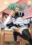  00s black_legwear breasts elbow_gloves frilled_gloves frilled_legwear frills gloves green_eyes green_hair headdress holding ikkitousen indoors large_breasts leg_lift looking_at_viewer maid_cafe mary_janes open_mouth parfait ryofu_housen shoes skirt thigh-highs tray twintails white_gloves 